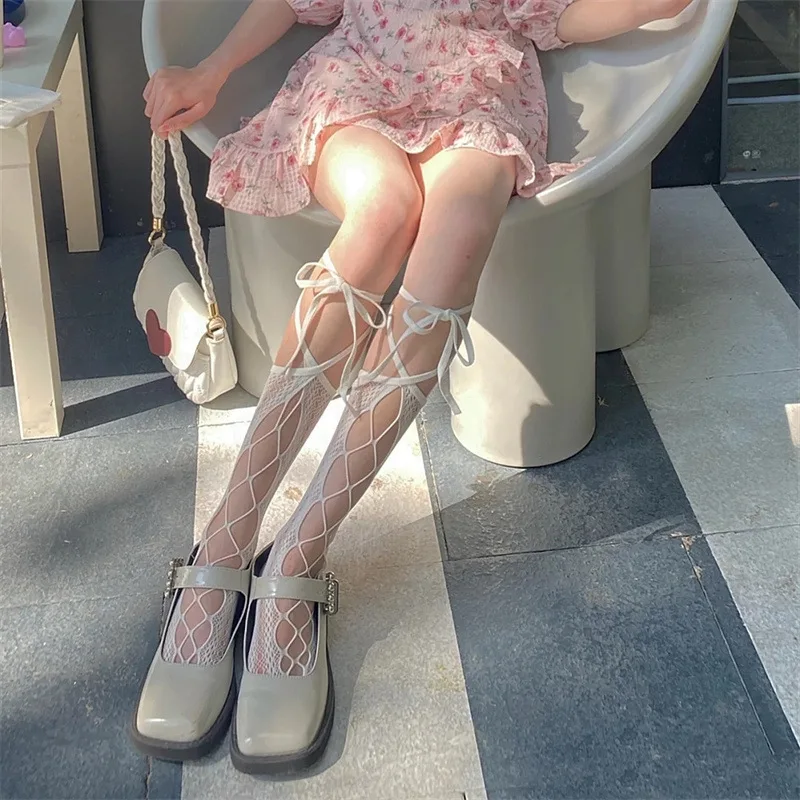

White/black Sweet Lovely Bandage Hollowed Out Lace Jacquard Socks Anti Hook Lower Leg / Middle Tube Socking Thin Net Sock