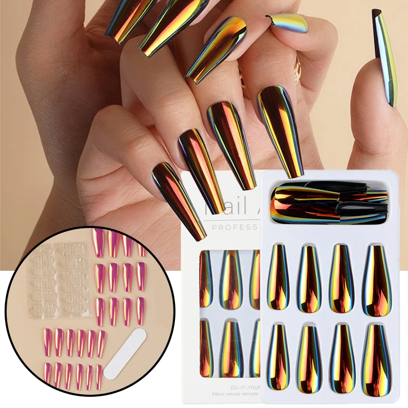 

24pcs/Set Long T-Coffin False Nails Fashion French Mirror Laser Fake Nails Beauty Nail Decor Ballerina Full Manicure Art Tips