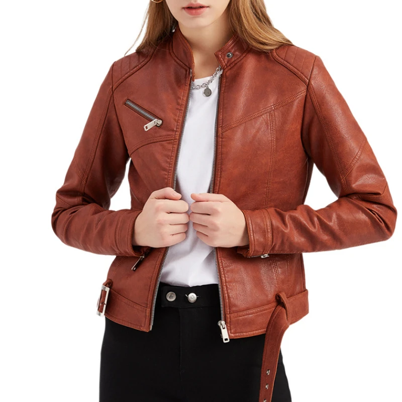 Stand Collar Motor Biker Tops Female Jackets Women's Winter Coats With Pocket Belt 2022 New Fashion Long Sleeve Leather Clothing enlarge