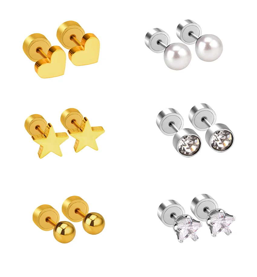 

ASON Cute Kids Stainless Steel Stud Earrings For Women Girls Heart Flower Star Crystal Earring Round Ball Anti-allergy Jewlery