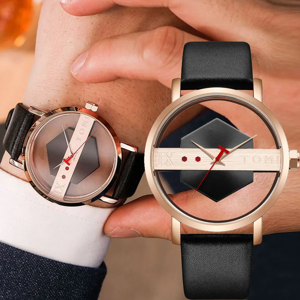 

2023 New Creative Half Transparent Quartz Watch for Men Women Top Brand Fashion Wristwatch Couple Leather Watches reloj hombr
