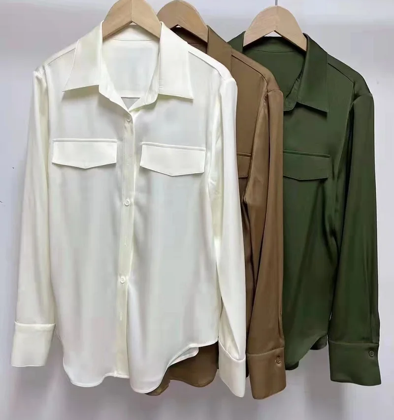 Tops Fashion Designer Blouses 2023 Spring Summer Shirt Women Turn-down Collar Chest Pocket Long Sleeve Elegant White Green Shirt
