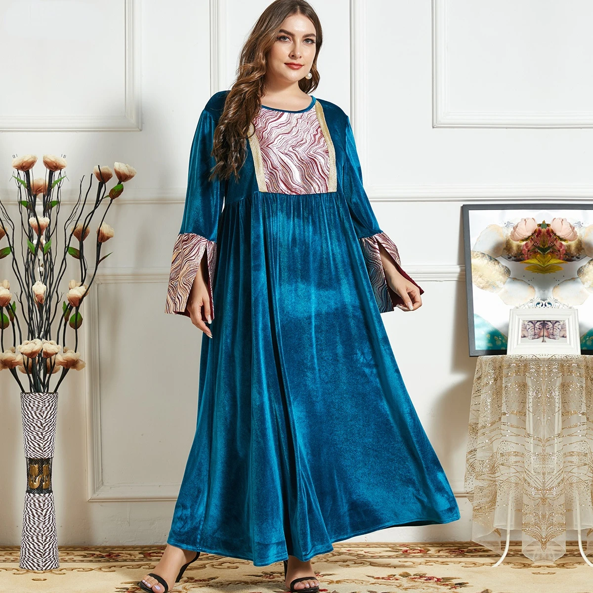 Женское бархатное платье с вышивкой, длинное платье большого размера в мусульманском стиле, хиджаб Абая