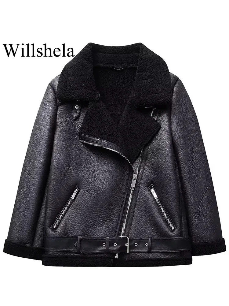 

Willshela, Женская мода с поясом, искусственная кожа, черная, передняя молния, куртки, винтажные, с отворотом, с длинными рукавами, женские, шикарные, дамские наряды