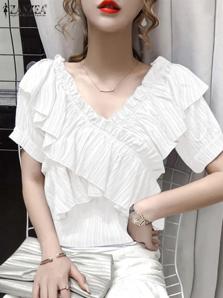 

ZANZEA Women Elegant V-Neck Tops Summer Short Sleeve Ruffles Blouse Crossed Front Flirty Blusas Casual Solid Offce Lady Tunic