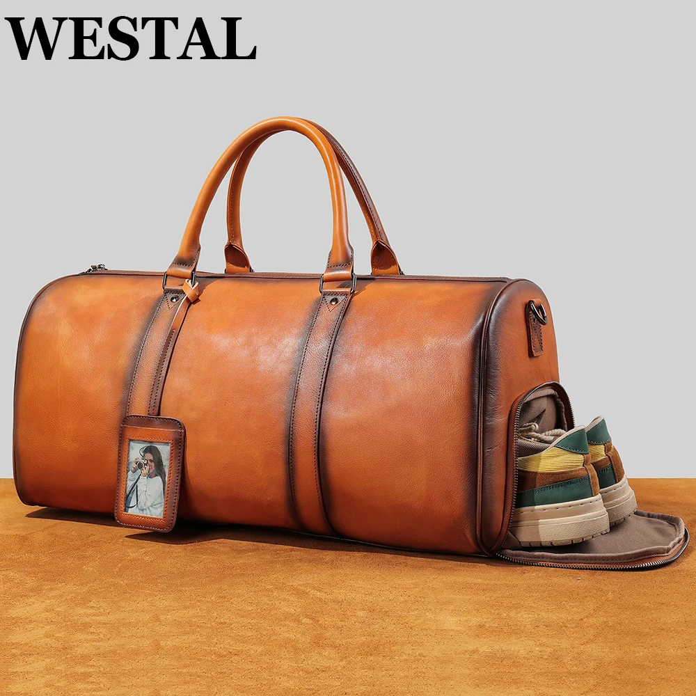 WESTAL Genuine Leather Travel Bag For Men Hand Luggage Bag Large Capacity Travel Duffel Cross Body Shoulder Bag Weekend Laptop