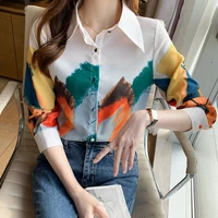 spring womens shirt elegant lapel collar ink painting color matching single breasted silk shirt woman tops camisas mujer 2022
