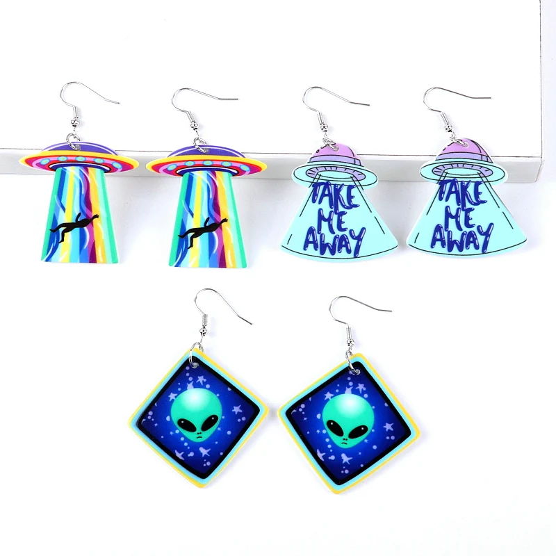 

New Funny Alien UFO Acrylic Printing Women's Earrings Trendy Cartoon Airship Square Cosmic Skull Drop Earring Holloween Jewelry