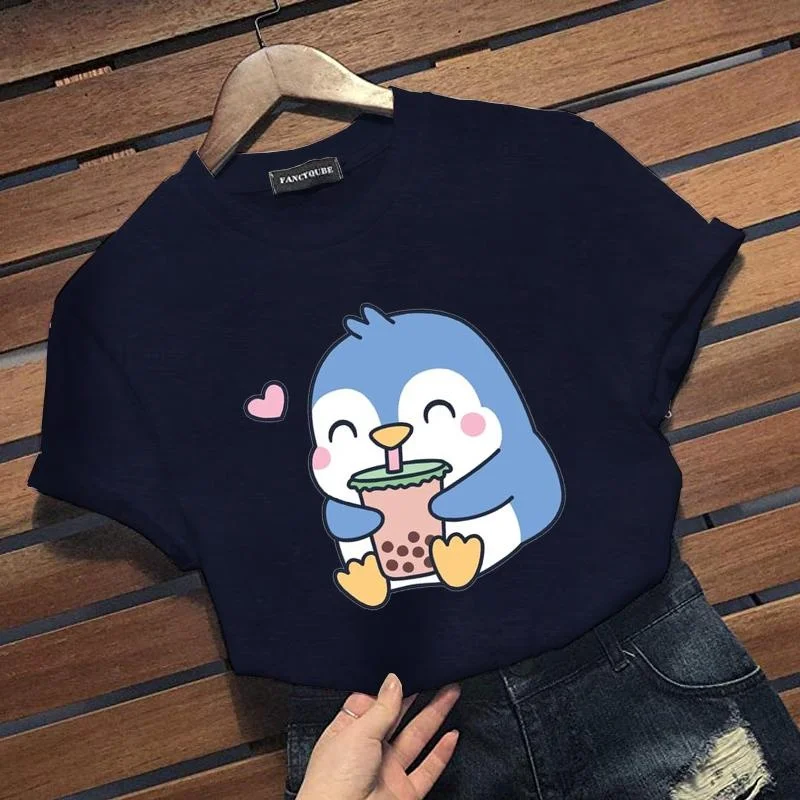 Футболка с принтом милых пингвинов жемчужин молочный чай Женская Повседневная