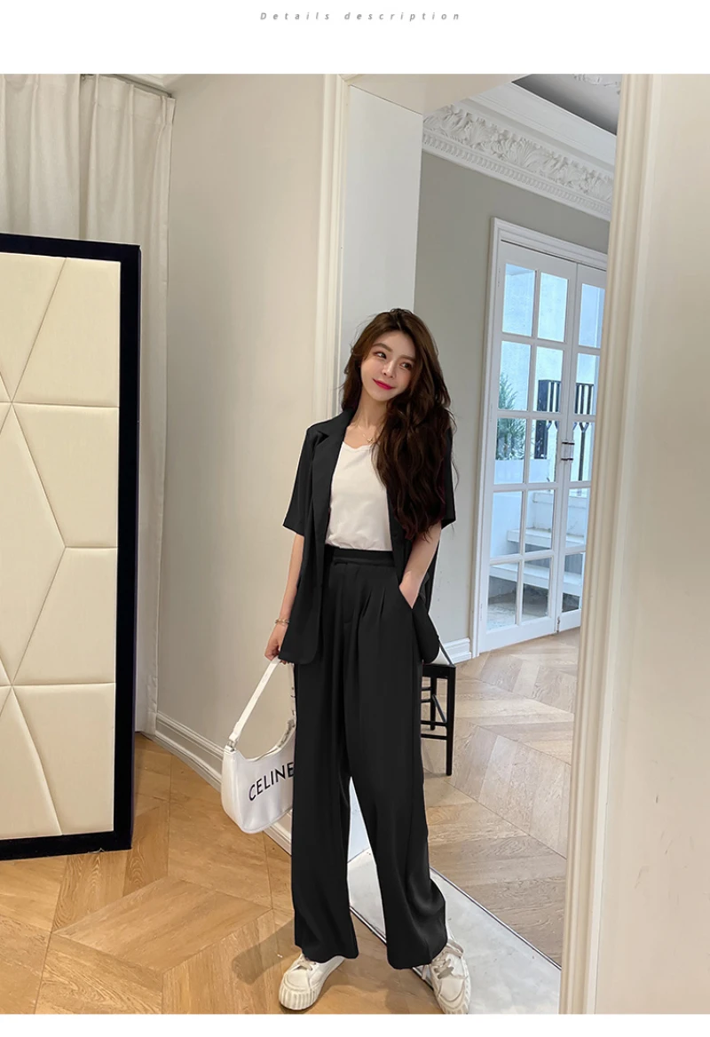 Summer Casual Women's Short-sleeved Blazer & Wide Leg Pants Women's Office Women's Suit Korean Version 2 Piece Sets Women Outfit