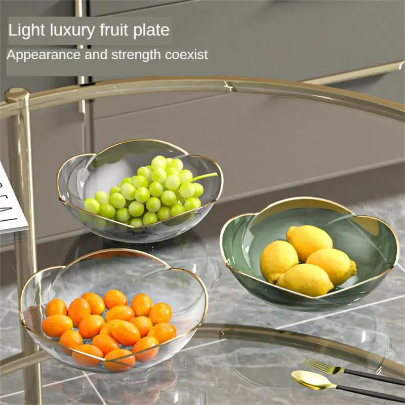 

Luxury Fruit Plate Transparent Cake Dessert Plates Plastic Fruit Dish High Quality Gold edge Pattern Storage Tray Kitchen Tool