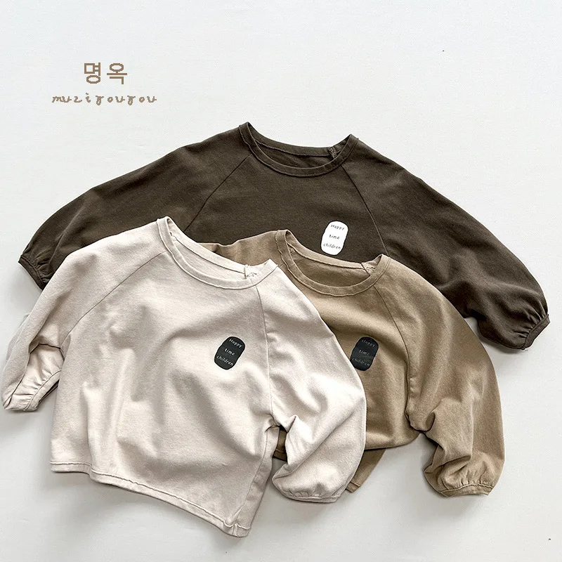 

Korean T-shirt for Boys and Girls Retro Cotton Top for Kids and Babies Long Sleeve Outer Wear T-shirt girls clothes