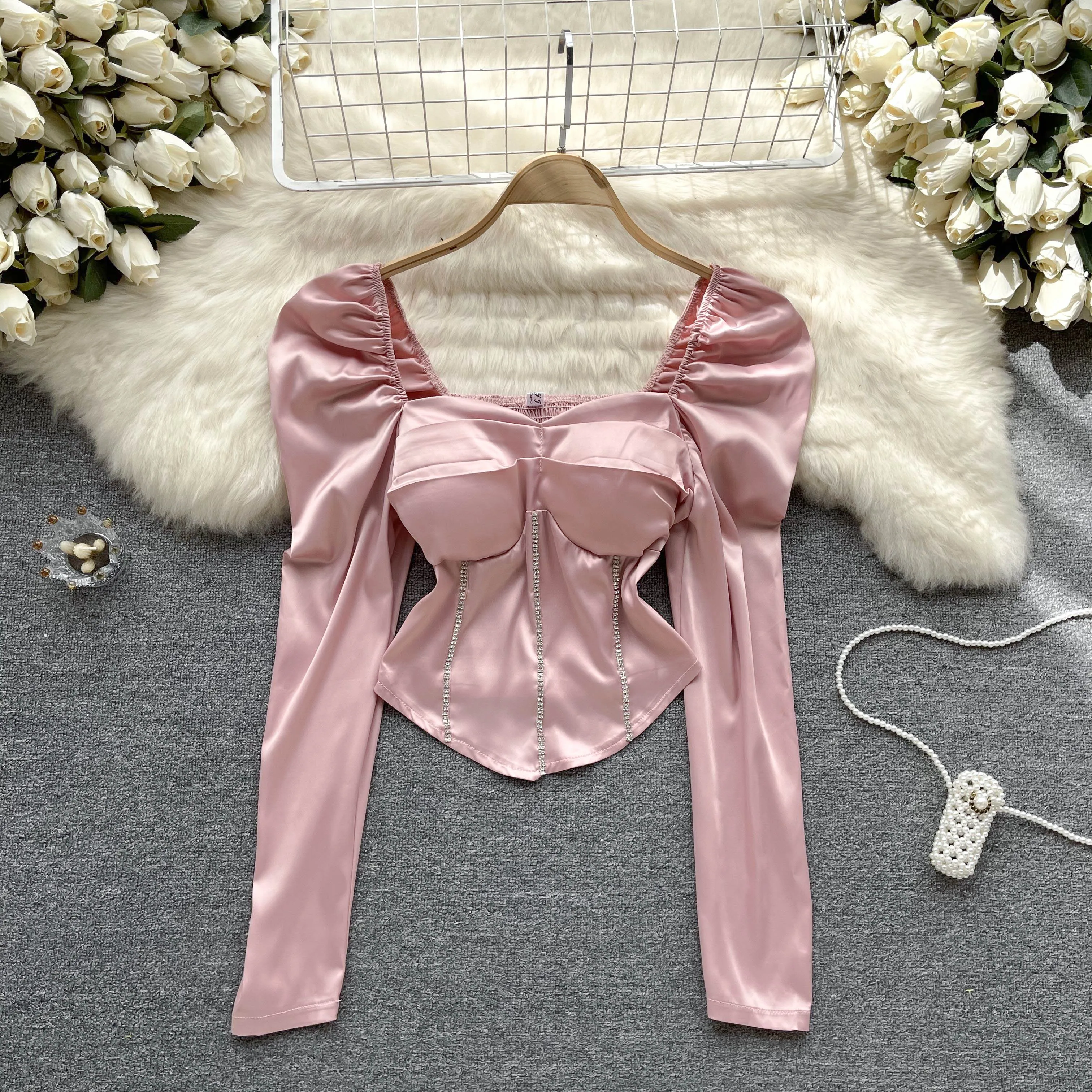 

Элегантный женский модный яркий элегантный кроп-топ с квадратным воротником, новинка 2023, сексуальная шикарная Женская облегающая блузка