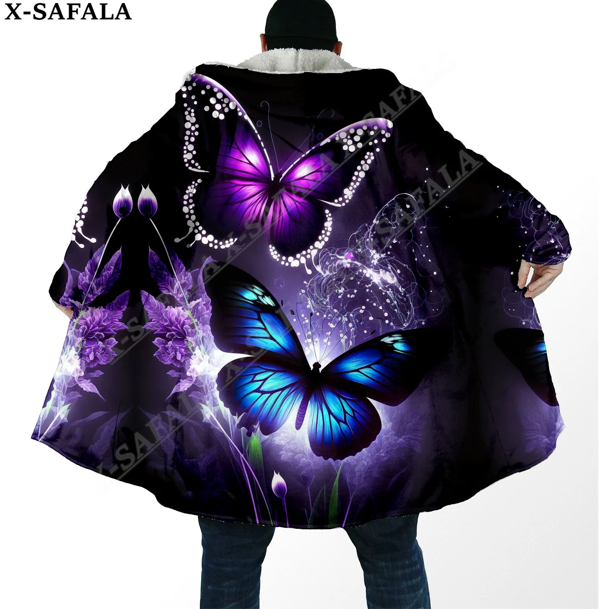 

Colorful Butterfly Trippy Psychedelic Overcoat Coat 3D Print Thick Warm Hooded Cloak Men Windproof Fleece Unisex Casual-1