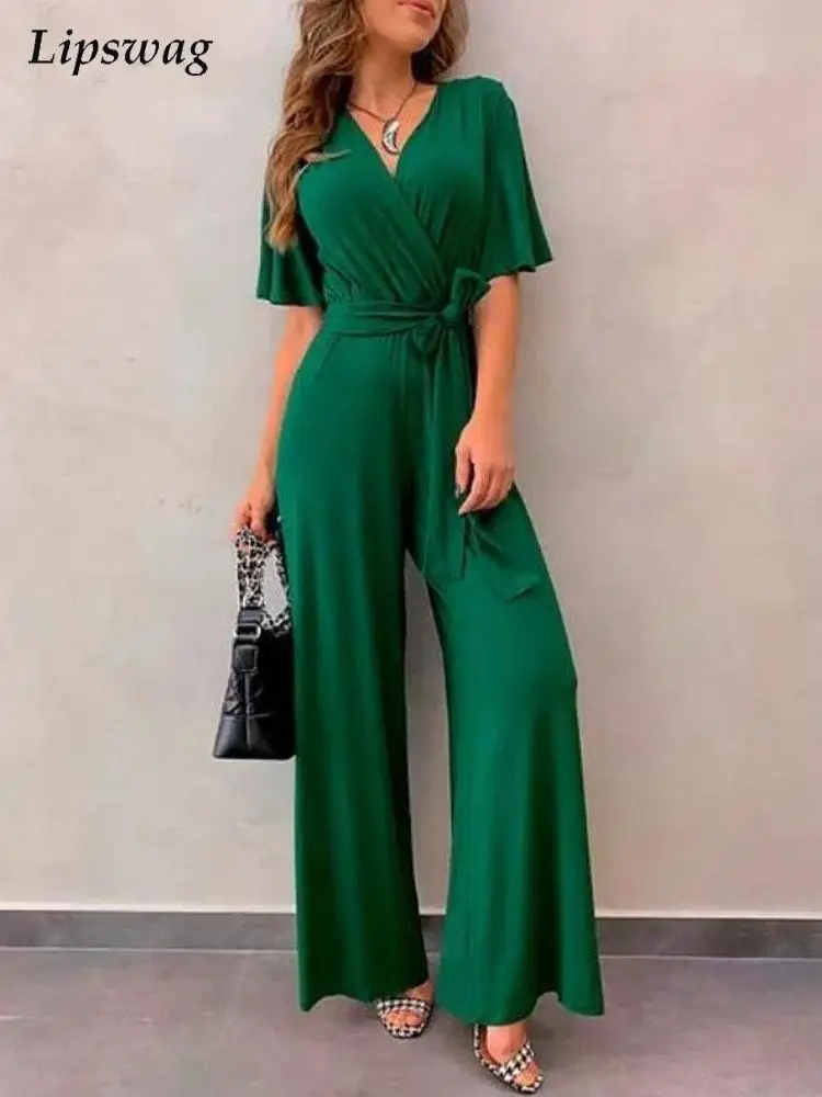 

Elegant Wide Leg Pants Romper Overalls Women Solid Lace-up High Waist Jumpsuits 2022 Summer Femme Short Sleeve Casual Playsuits