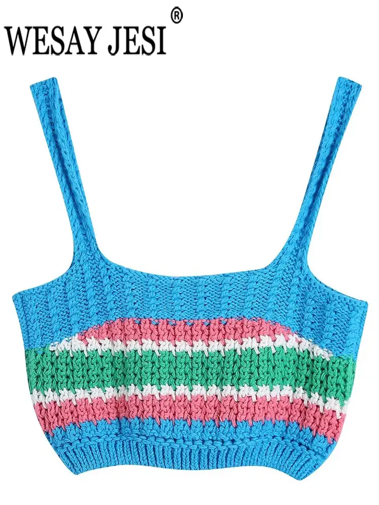 

WESAY JESI Fashion Sweater Camisole Women Short Pullover Top Stitching Horizontal Stripes Sleeveless Tube Top Elegant Sling Wear