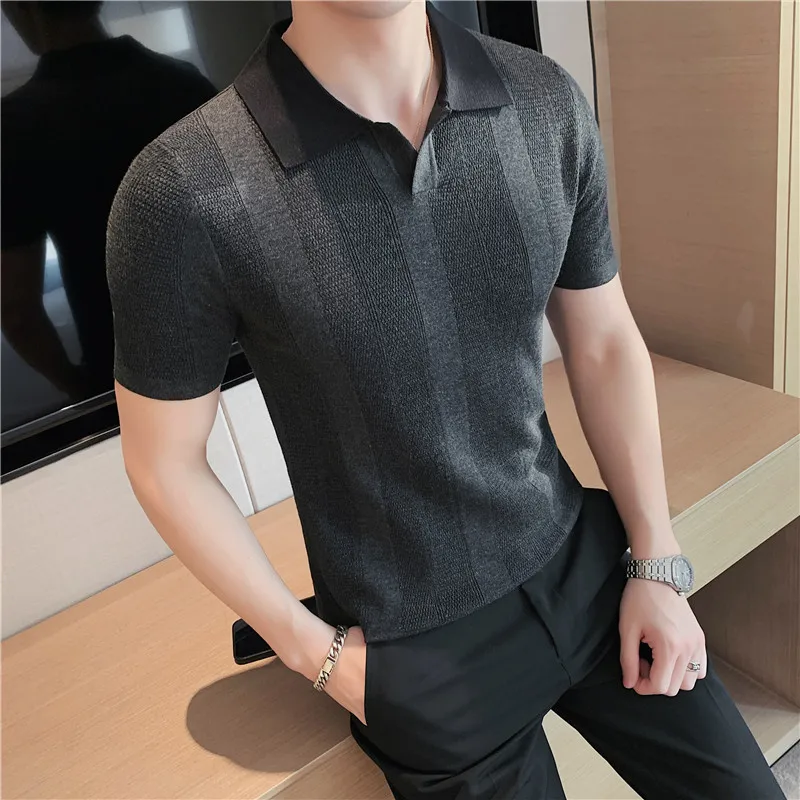 

2022 Summer Striped Polo Shirts Men Short Sleeve Lapel Tee Tops Elasticity Knitted POLO Shirts Casual Slim Business Social Polos