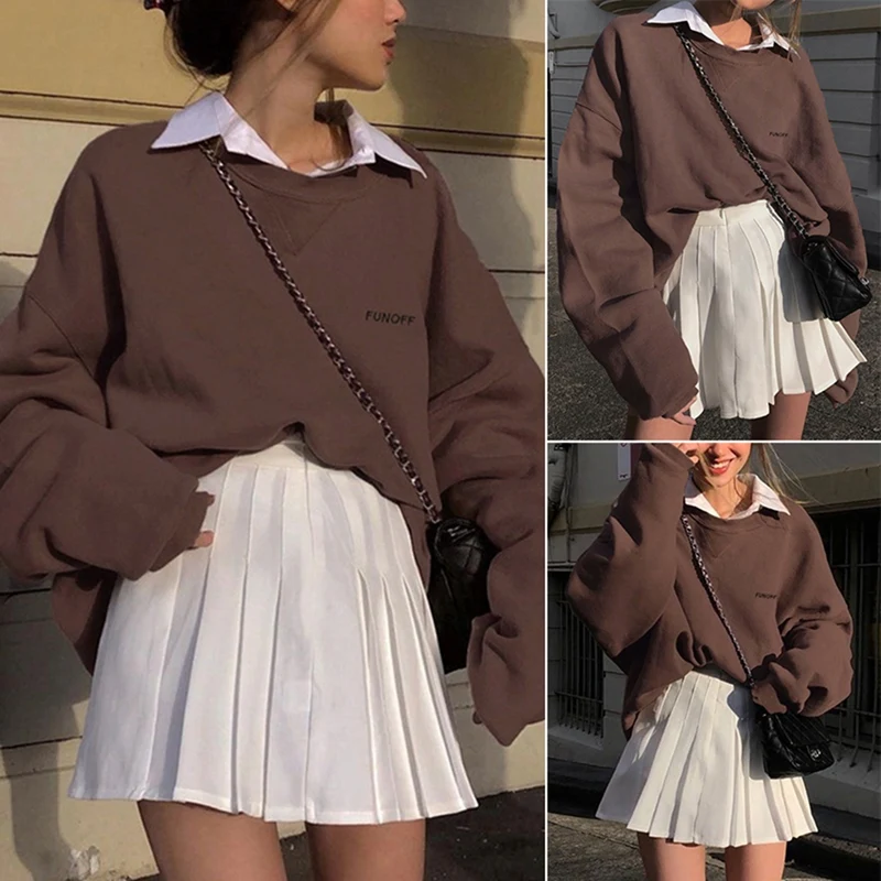 

NEW-Women's Fashion Letter Printing Loose Round Neck Long Sleeve Sweatshirt Brown