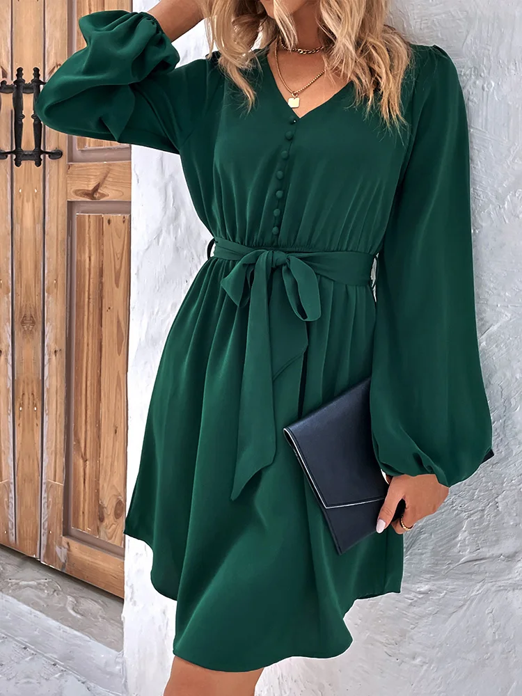 

Benuynffy V-образный вырез пуговицы рукава-фонарики пояса женское весеннее осеннее элегантное женское повседневное однотонное мини-платье с вы...