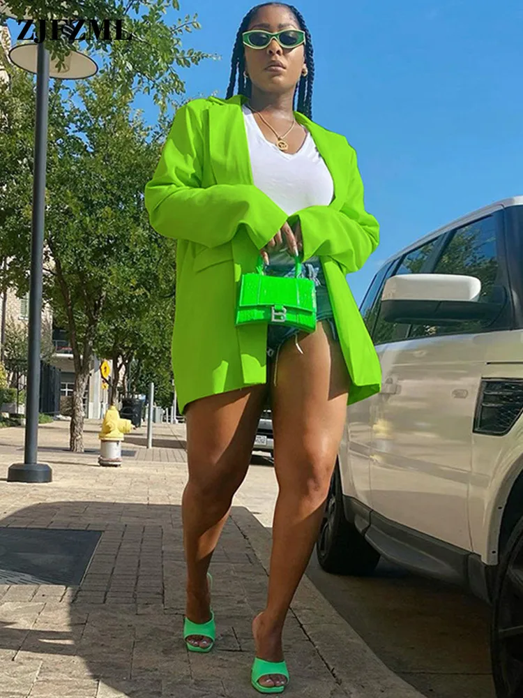 Neon Green Streetwear Loungeweard Loose Blazer Coat Jackets For Women Notched Collar Long Sleeve Side Pockets Outerwear Fashion
