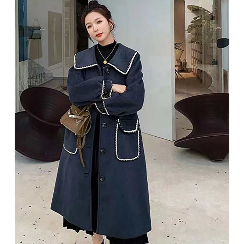 

Женское шерстяное пальто, свободное твидовое пальто средней длины с пузырьковыми рукавами, теплая верхняя одежда, осень-зима