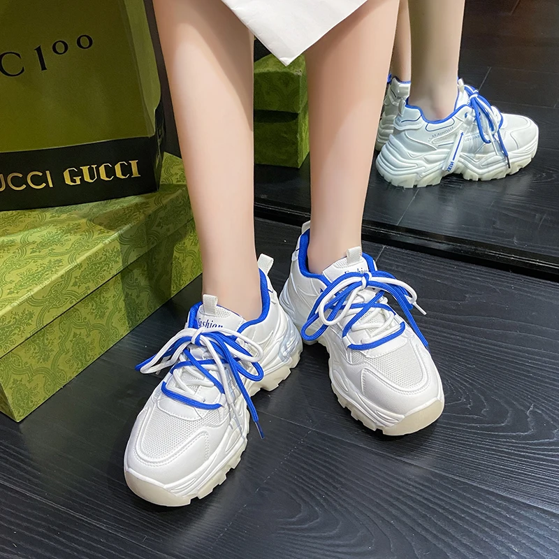 

White Vulcanized Shoes Women's Height Increasing Shoes Breathable Mesh Wear-resistant Running Shoes Girls Casual Daddy Shoes