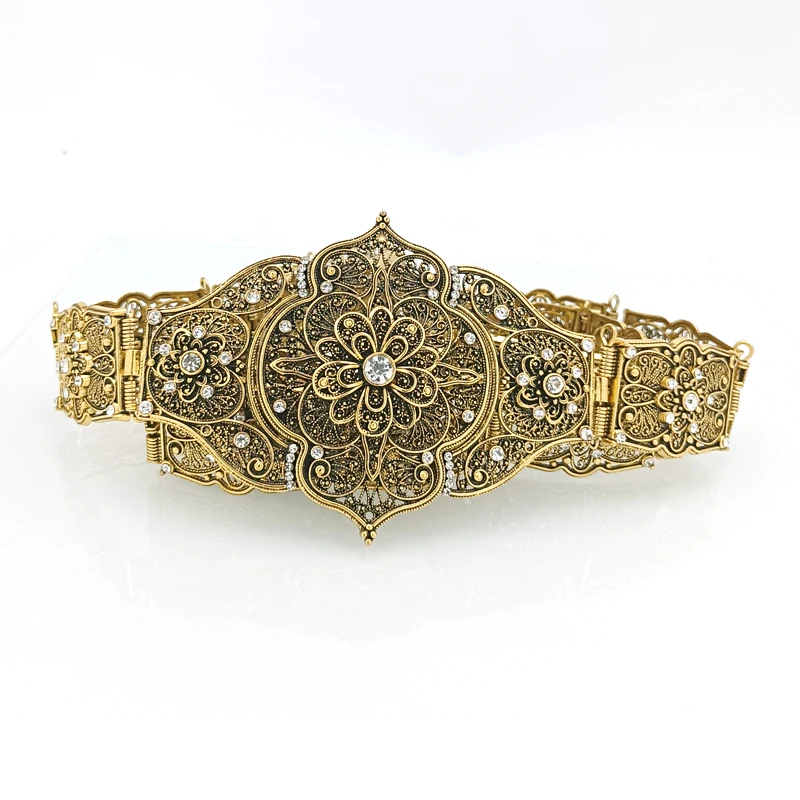

Moroccan Wedding Dress Metal Waist Chain Caucasian Bride's Waist Chain with Rhinestone Hollow-out Ancient Gold Belt Long Chain