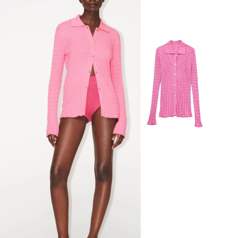 

TRAF 2023 Pink Knitted Women's Cardigan Button Up Sweater for Women Long Sleeve Knitted Woman Summer Collared Top
