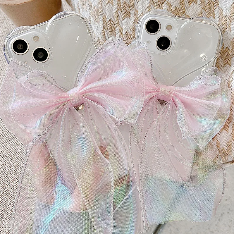 

Luxury Big Heart Transparent Case For iPhone 13 12 11 Pro Max XS XR 7 8 Plus Cute Candy Soft Silicone bow tie girl cover gift