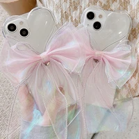 luxury big heart transparent case for iphone 13 12 11 pro max xs xr 7 8 plus cute candy soft silicone bow tie girl cover gift