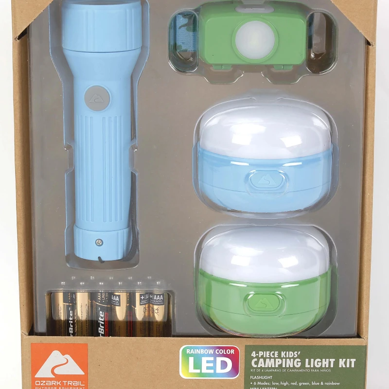 

4-Piece Kids Camping Lights Kit with 100 Lumens Flashlight, Headlamp and Lanterns, AAA Batteries Included