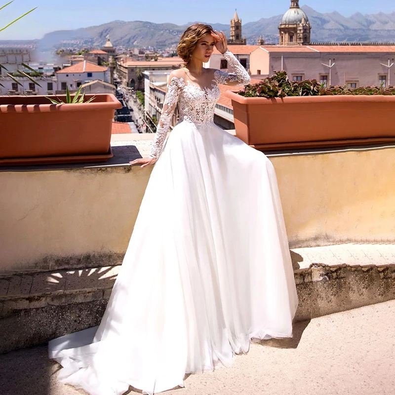 

Boda Elegant Long Sleeve Wedding Dresses 2022 for Women A Line Illusion Lace Appliques Bride Gowns Tulle Vestido De Noiva