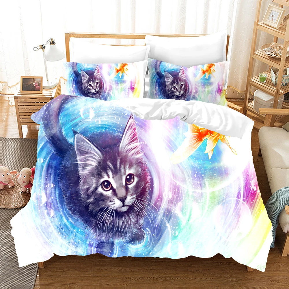 

Comfortable Duvet Cover Pillowcase Kids Animal Bedding Set Queen Size Set 2/3Pcs Cute 3D Cat Print