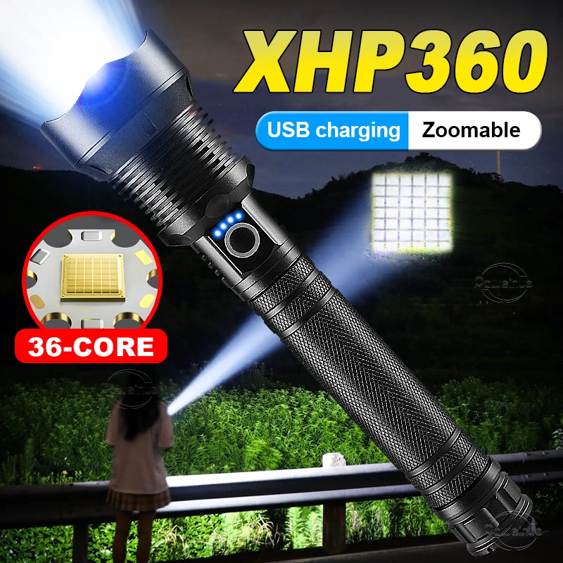 

2022 XHP360LED Flashlight Torch High Power LED Flashlights 18650 USB Rechargeable Lantern 6000mAh Camping Tactical Flash Light