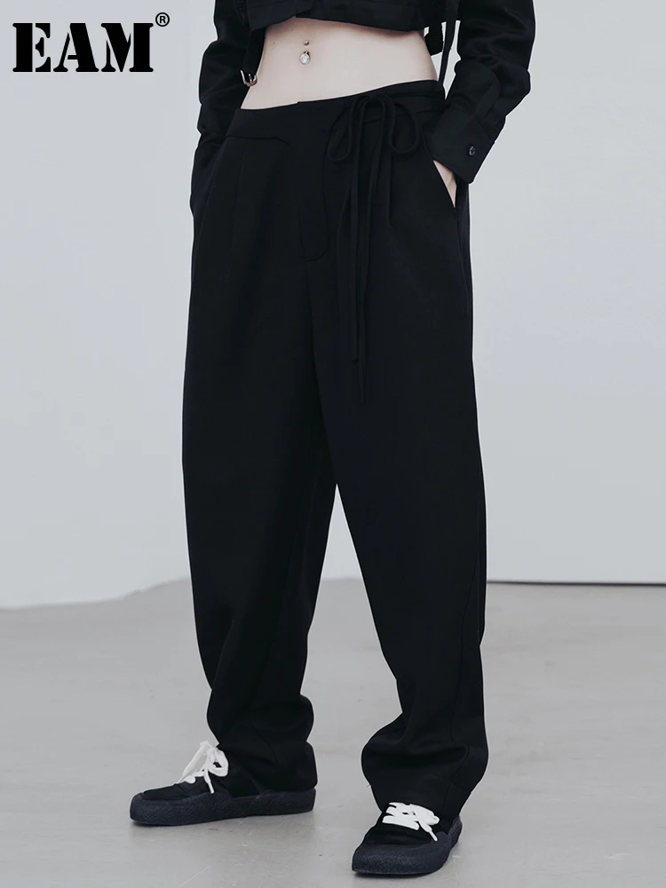 

[EAM] High Elastic Waist Black Bandage Long Thick Harem Pants New Loose Fit Trousers Women Fashion Spring Autumn 2022 1DF0712