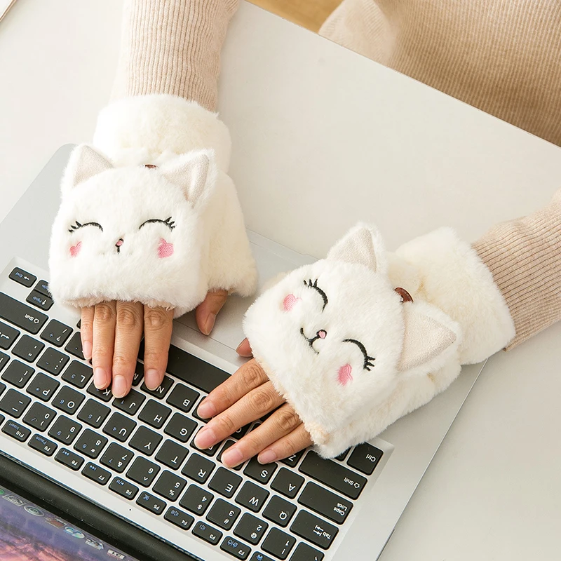 

Cute Rabbit Fur Knit Mittens Plush Fingerless Gloves Flip Half Finger Driving Glove Winter Soft Warm Thick Gloves for Women Girl