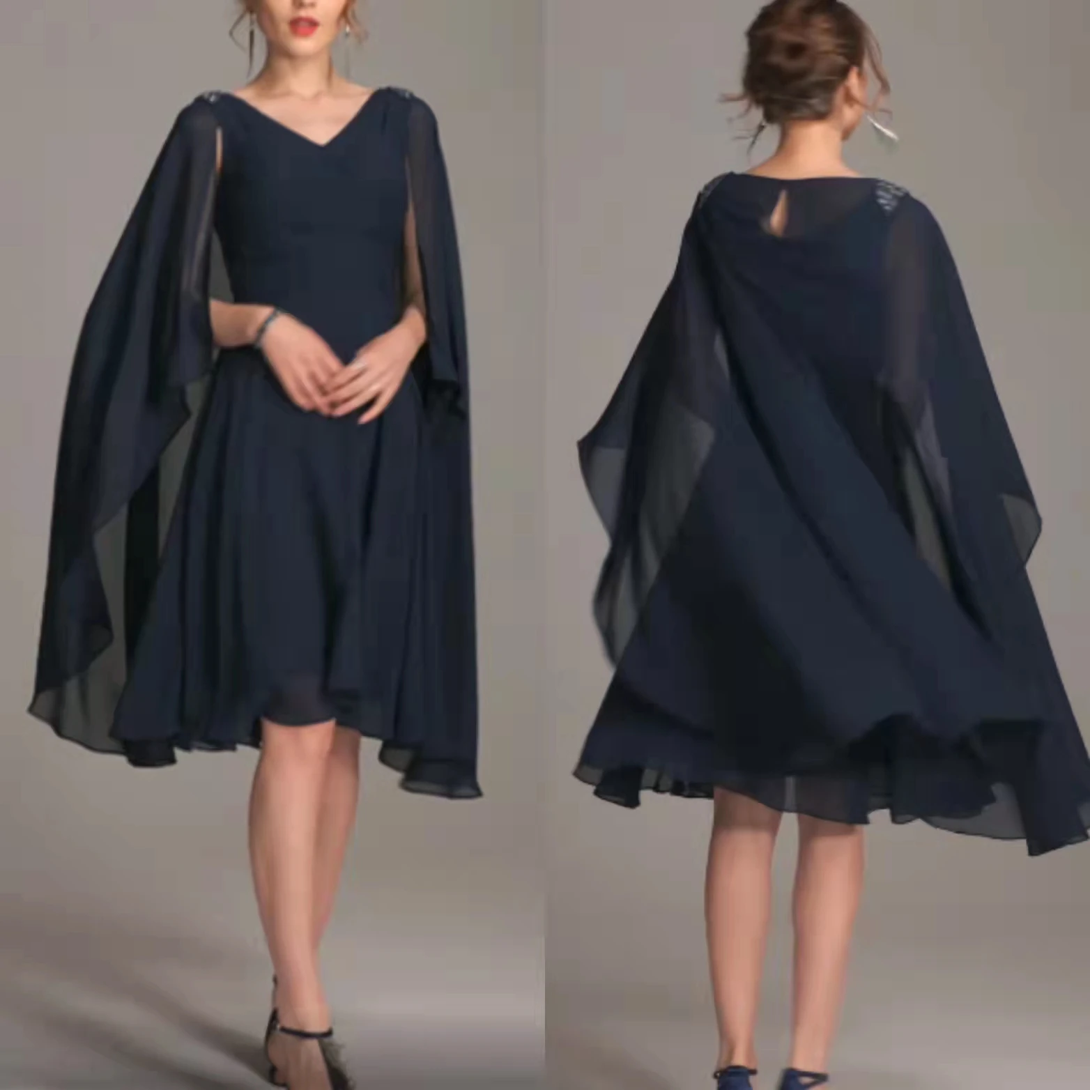 

Элегантные короткие шифоновые платья с бисером для матери невесты с накидкой трапециевидной формы до колена, для мамы жениха платье для женщин