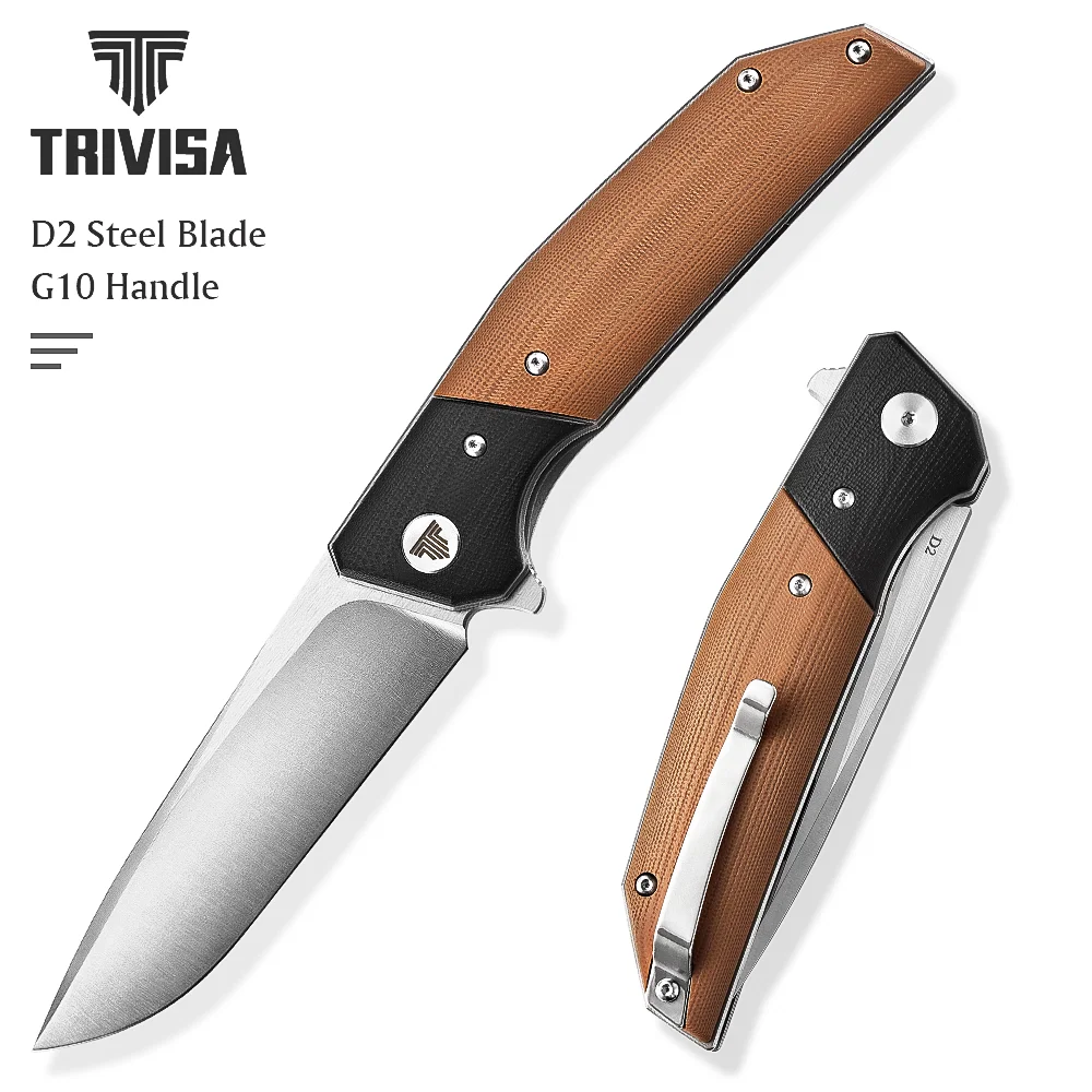 

TRIVISA Folding Pocket Knife,3.74"D2 Steel Blade,Steel Ball Bearings and G10 Handle,Outdoor Camping Utility EDC Tool For Man