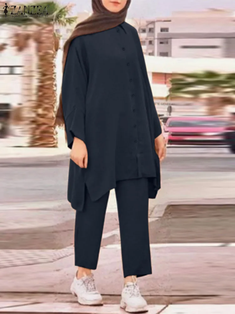 ZANZEA Long Sleeve Lapel Blouse Wide Leg Pant Women Elegant Muslim Suit Solid Vintage Stylish Isamic Clothing Tracksuits 2023