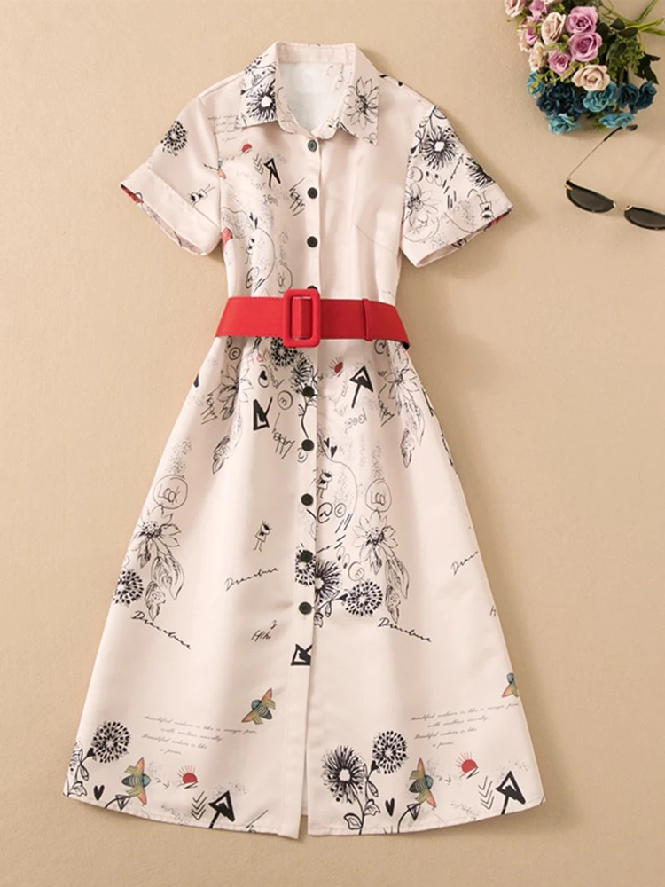 

Fashion Designer 2022 Spring Summer Midi Dress Women Short Sleeve Flowers Letter Printed Single Breasted High Street Dresses