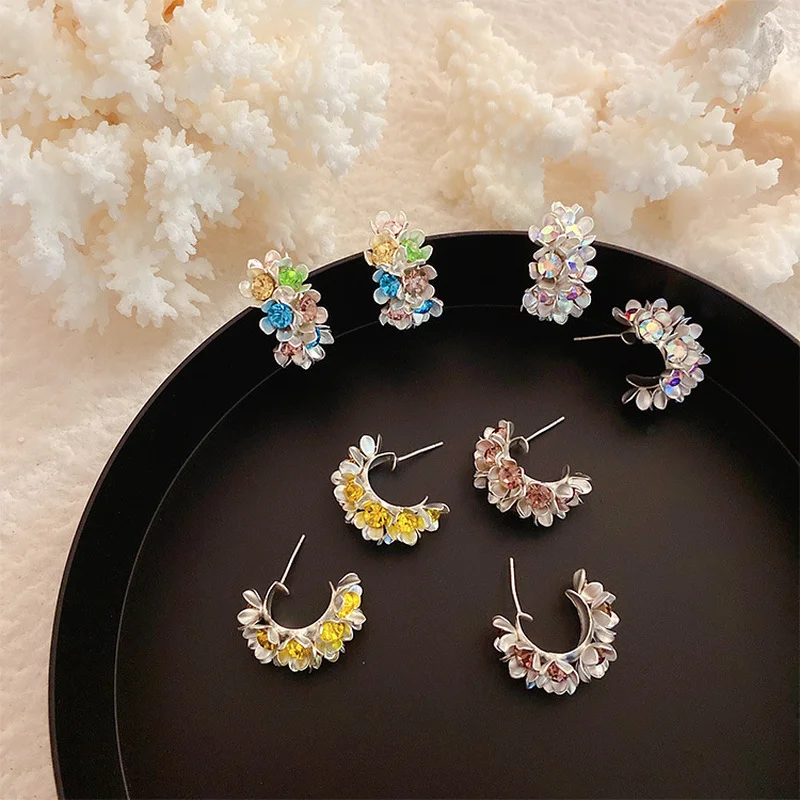 

Minar Cute Romantic Colorful C Shaped Flower Earring for Women Female Metallic Twist Floral Hoop Earrings Summer Beach Jewelry