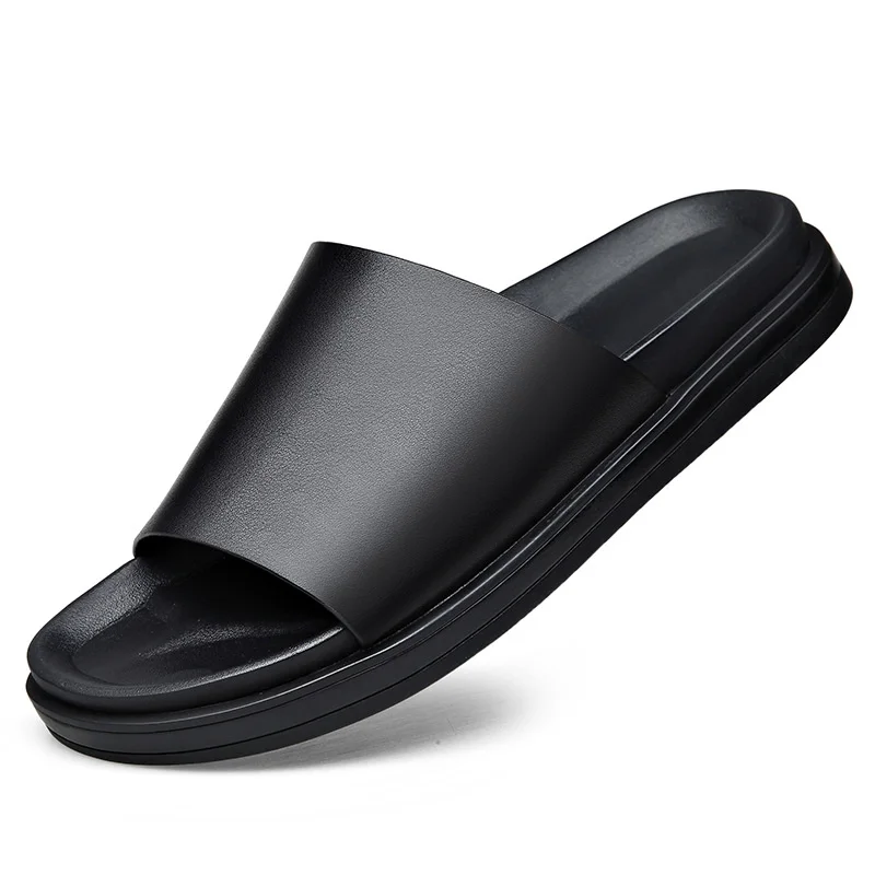 

2023 New Gene Leather Slippers Men Thick Soles Non-slip Flip-flop Sandals for Men Fashion Causal Black Summer Shoes Male
