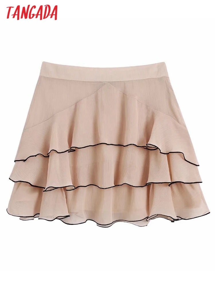 

Tangada Women 2022 Contrast Ruffles Mini Skirt Vintage High Waist Side Zipper Female Skirts BE530