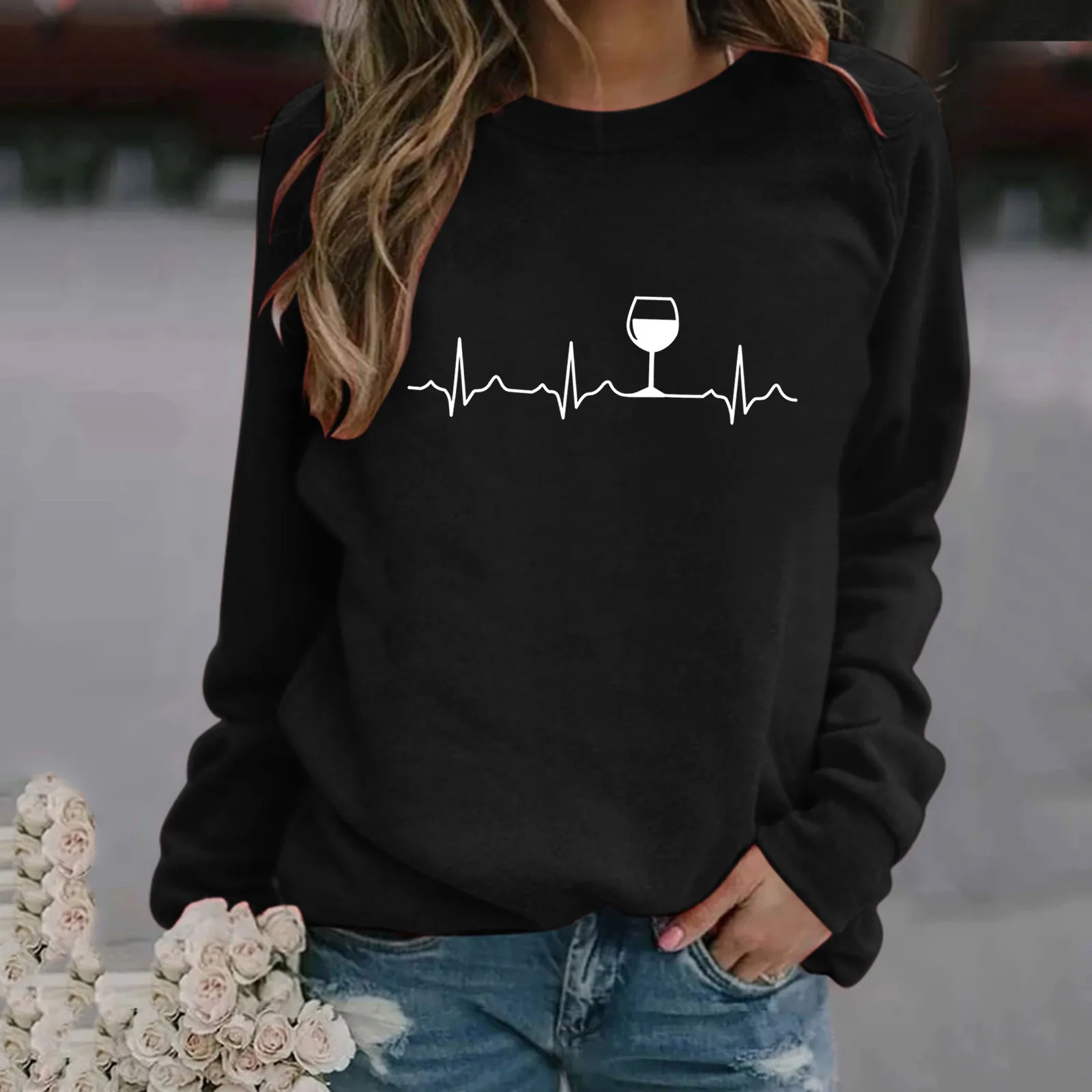 

Heart Print T Shirts Womens Sweatshirt Solid Long Sleeve Blouse Pullover Vintage Autumn O-Neck Pullover Tops All-Match Tee
