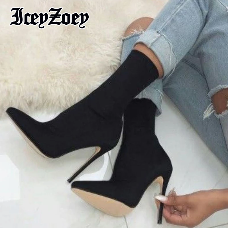 

Женские короткие ботинки IceyZoey, черные однотонные ботильоны на тонком высоком каблуке, уличная модная обувь, Размеры 35-40, осень 2022