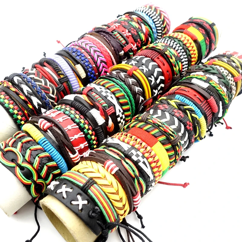 50 шт. разноцветные кожаные браслеты-манжеты для мужчин и женщин