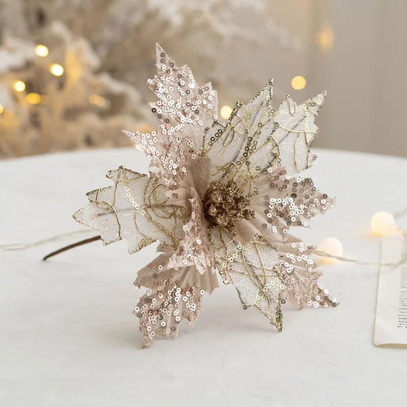 

Sequin Artifical Christmas Flowers Christmas Tree Decorations For Home Fake Champagne Red Flower Xmas Tree Ornaments Home Decor