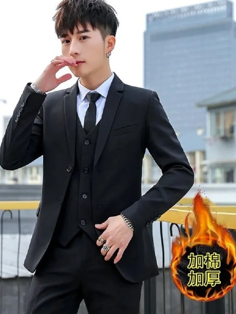 Solid Black Suit Men's Outerwear Autumn and Winter Fleece-lined Thickened Top Korean Sle Slim fit Business Casual Small Sui...