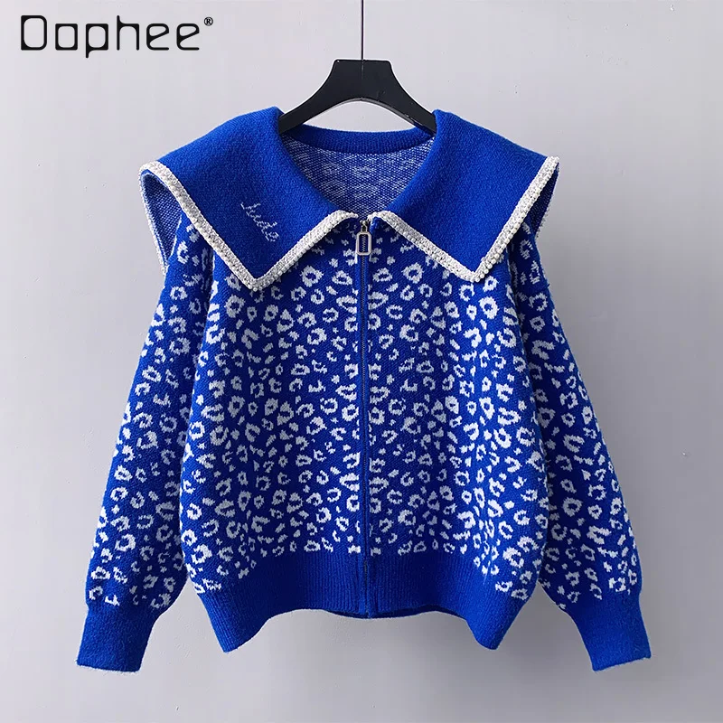 

Женский вязаный кардиган на молнии, Синий Свободный Пушистый свитер с матросским воротником, корейский стиль, весна 2022