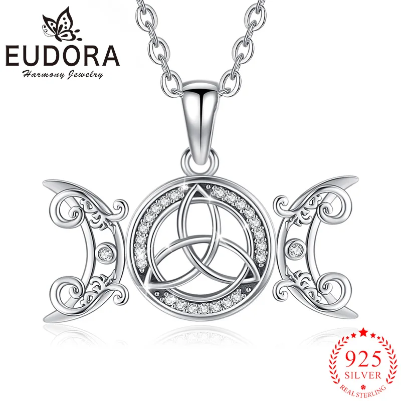 

Eudora New 925 Sterling Silver Triple Moon Necklace Celtic Knot Inlay Zircon Pendant Women Jewelry Exquisite Party Gift